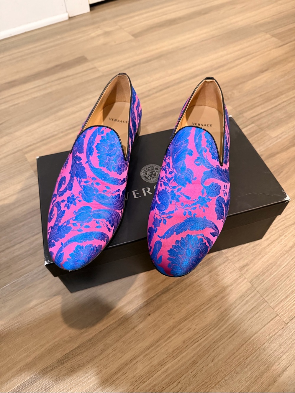 Versace Pink and Blue Floral Slip-On Loafers